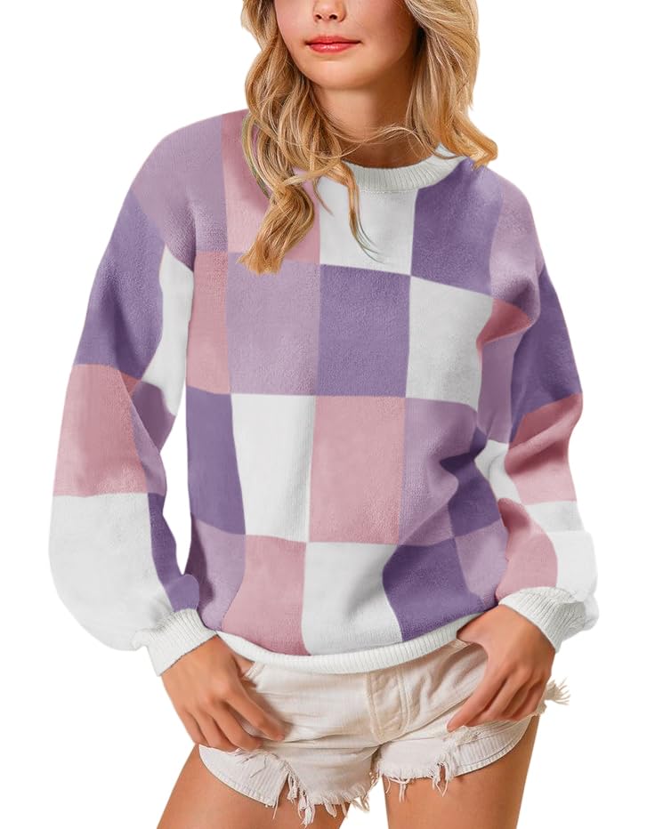 Girls' Fall Sweaters Color Block Crewneck Long Sleeve Drop Shoulder Knit Pullover Tops for Kids Size 5-14Y