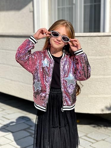 Image of LOLANTA Girls Sequin Jacket, Long Sleeve Kids Bomber Coats with Pockets, Spring Fall Outfits for 4-15 Years