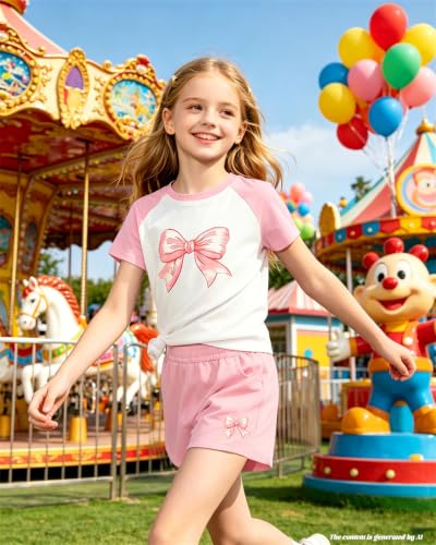Image of Bestuline Girls Summer 2 Piece Outfits,Basic Short Sleeve Top & Shorts Set with Side Pockets,4-14Y