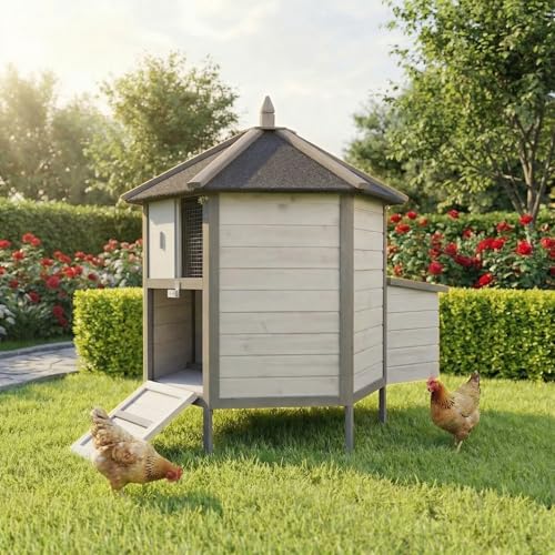 Miweba MyAnimal Poulailler MH-29 Avec Pondoir | Pour 4 Poules - Nichoir Séparé - Perchoir - Résistant à l'Hiver - Maison en Bois de Pin - Volière - Trappe (Gris/Blanc)