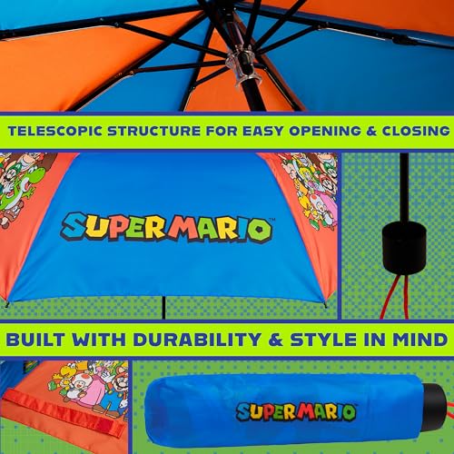 Image of Get Trend Super Mario One Piece Hello Kitty Kids Windproof Travel Umbrella | Strong Folding Compact Umbrellas for Rain, Lightweight, Portable Kids Travel Essentials, Fits Backpack & Car, Gifts for Boys