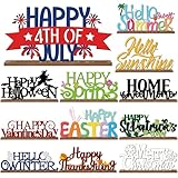 12 Pcs Interchangeable Seasonal Decor Holiday Sign Wooden Desk Table Decor for Office Home Rustic Farmhouse Multiple Holiday Sign with Wooden Base Tiered Tray Tabletop Mantel Easter Welcome Signs