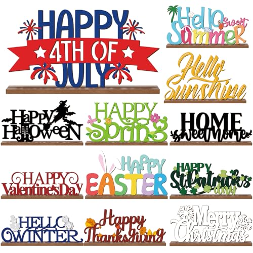 12 Pcs Interchangeable Seasonal Decor Holiday Sign Wooden Desk Table