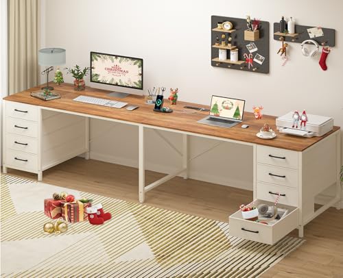 TVU 95' 2 Person Desk with 8 Drawers, Large Writing Home Office Desks with Outlets, I Shaped Workstation Double Desk Drawer Organizers (Antique White)