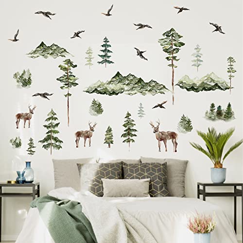 Mountain Wall Decals Peel And Stick Tree Mountain Wall Stickers Woodland Animal Wall Stickers Watercolor Green Pine Tree Wall Decals Tree Deer Forest Animal Wall Decals For Nursery Bedroom Decor #TOP7