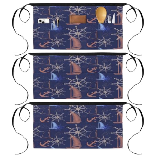 Lot de 3 tabliers courts de chef avec 3 poches pour bistrot