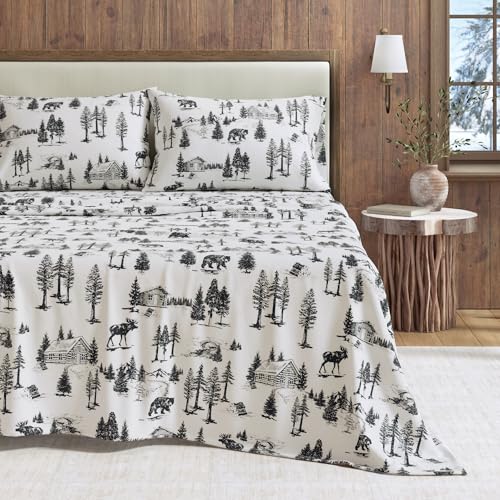 Image of Great Bay Home Flannel Sheet Set Full Size - 100% Turkish Cotton, Double-Brushed, Lodge-Printed Bed Sheets - Ultra-Soft, Cozy, 4-Piece Bedding Set (December Frost)