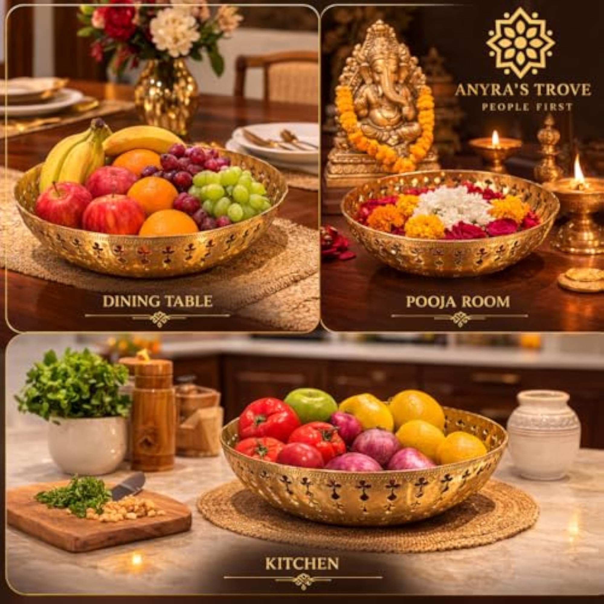 ANYRA'S Pure Brass 9.5 Inch Fruit Bowl