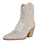 MUCCCUTE Silver Cowboy Boots for Women Cowgirl Rhinestone Sparkly Glitter Bling Pointed Toe Chunky Heel Pull On Ankle Booties Party Wedding Size 7.5