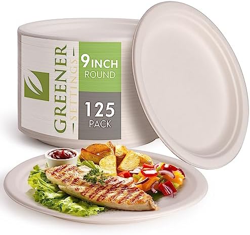 100% Compostable 9 Inch Heavy-Duty Plates [125 Pack] – Eco-Friendly Disposable Bagasse Plates Made of Natural Sugarcane – Biodegradable Paper Plates