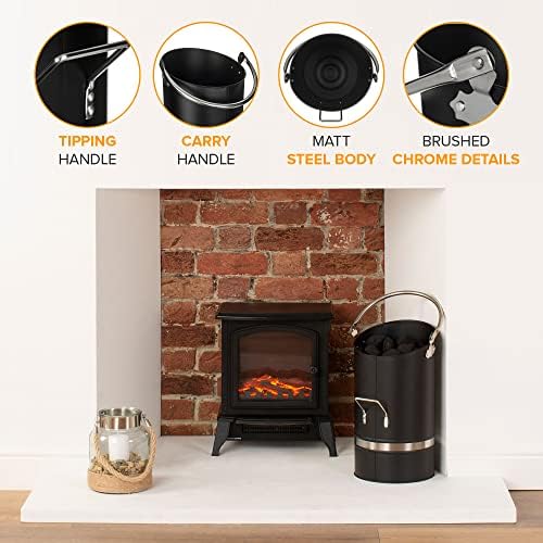 LIVIVO Ellipse Coal Bucket With Nickel Coated Handle - Powder Coated Stainless Steel - Heavy Duty Multipurpose Fireplace Coal Hod