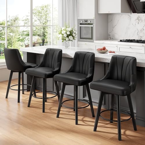 Counter Height Swivel Bar Stool, 24″ Upholstered PU Leather Barstools Set of 4, Counter Stool Chair with Back & Solid Wood Legs for Kitchen Island Dining Room (Black)