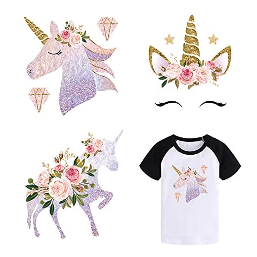 SUPERDANT 4 st PET enhörning mönster stryk på värmeöverförande klistermärken stryk på lappar tvättbar värmeöverföring klistermärken kläder lappapplikationer för gör-det-själv-kläder reparation och dekoration cirka 20,5 x 14,0 cm