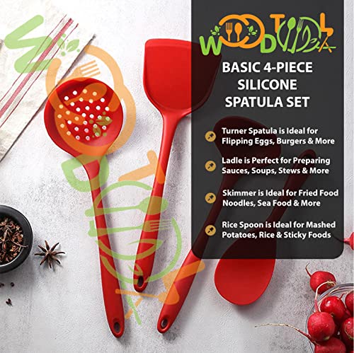 Image of Silicone 4-Piece Cooking Utensils Set - BPA-Free Cooking Spatulas - Soup Ladle, Rice Spoon, Turner Spatula, Skimmer (Red)