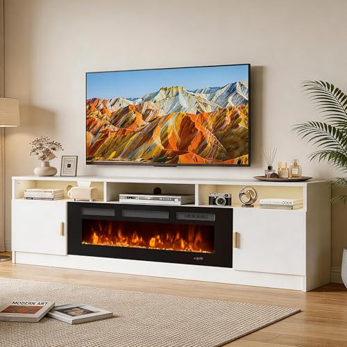 OneBlis 80" Fireplace TV Stand with Power Outlet, Electric Fireplace Entertainment Center with Storage Cabinets, Fits TVs up to 90", TV Console with LED Lights for Living Room, Office, White-Black
