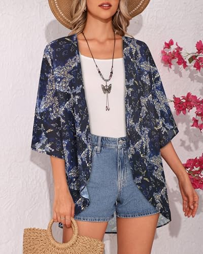 Image of Women's Floral Print Puff Sleeve Kimono Cardigan Loose Cover Up Casual Blouse Tops 2026