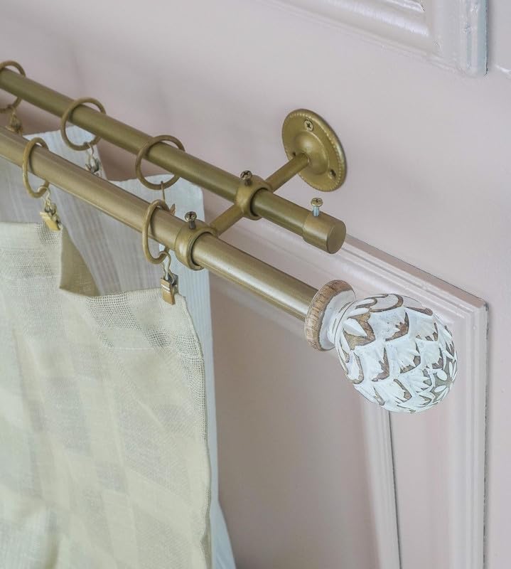 The Decor Mart 28"-48" Adjustable Double Curtain Rod For Door & Windows With Brackets Set Hanging Extendable Iron Metal Pipe Holder With Distressed White Carved Wood Finial Alpha Gold, 0.75" Diameter (B0D72Z3HVJ) Amazon Price History, Amazon Price Tracker