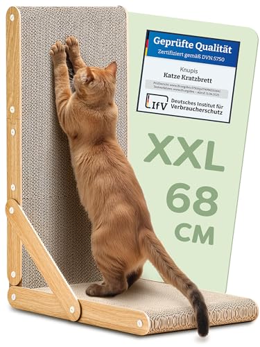Knupis Kratzbrett Katze Groß 68 cm - Besonders Kratzfeste Kratzpappe für Katzen zur Krallenpflege - Bis zu 2 Jahre Kratzspaß - Leichte Montage - Wendbares Design L förmig - Schutz für Sofa und Wand