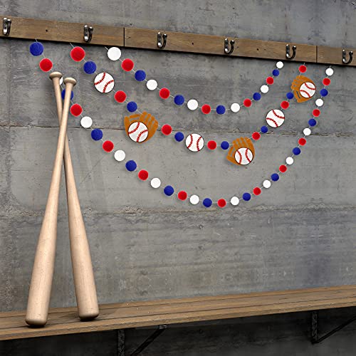 Image of Tatuo 3 Pieces Baseball Pompom Garland Sports Theme Banner Blue Red White Felt Ball Baseball Glove Hanging Garland for Sports Birthday Party Decor 8.2 Feet
