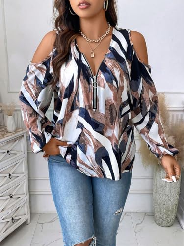 SOLY HUX Women's Plus Size Blouse Allover Print Cold Shoulder Bishop Long Sleeve Half Zip Tops3