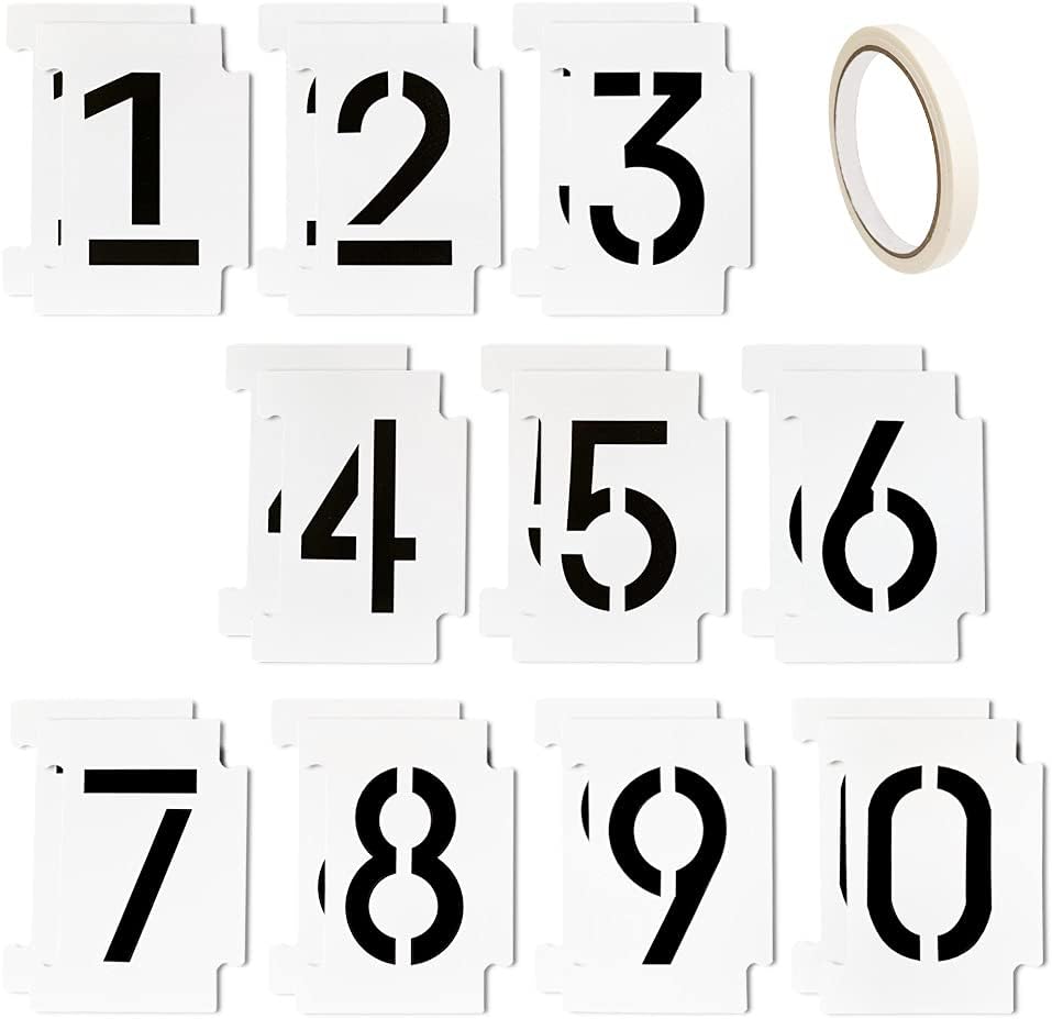 Curb Stencil Kit 0-9 Numbers Stencils Kit 4 Inch Tall Reusable Plastic Number Stencil with Masking Tape for Mailbox Address Painting (21 Pieces)