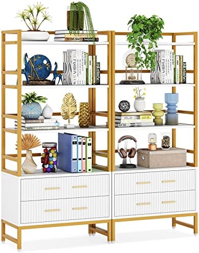 Tribesigns White Gold Bookshelf with Drawers Set of 2, Tall Ladder Bookshelf with Storage 4 Shelf Bookcase, Modern Industrial Bookcases and Book Shelves, Metal Wood Book Shelf for Bedroom, Office