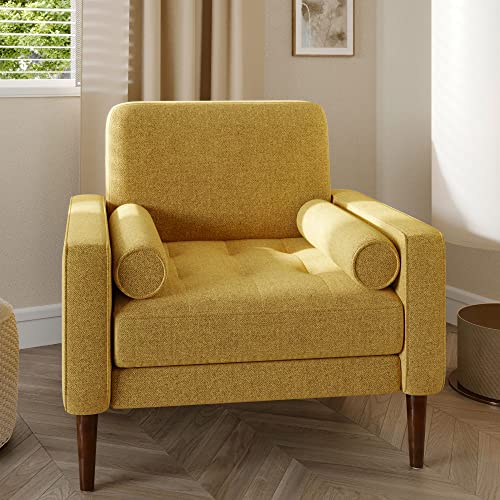 Belleze Mid Century Modern Accent Chair, Upholstered Oversized Living Room Chair Armchair Comfy Linen Reading Chair For Adults Sofa Chair For Bedroom Office - Erik (Yellow) #TOP26