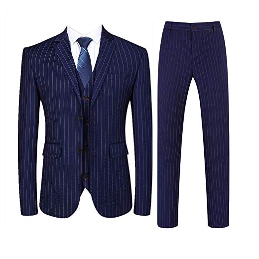 Terno masculino de 3 peças com risca de giz e ajuste slim, blazer + colete + calça, Azul marino, 30