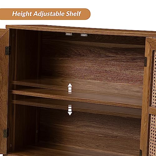 Hulala Home Accent Storage Cabinet With 3 Natural Rattan Doors & Wood Legs, 2-Tier Shelf Sideboard Buffet Cabinet, Cupboard Console Table For Living Room, Entryway, Dining Room, Hallway (Walnut) #TOP5