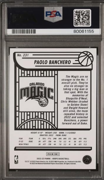 2022-23 Panini NBA Hoops Paolo Banchero Graded PSA 10 Gem Mint Rookie Basketball Card #231