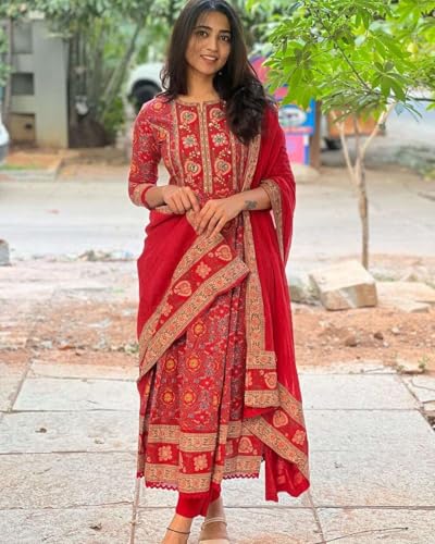 Image of Women's Cotton Anarkali Embroidery Designer Long Anarkali Kurti With Pant and Dupatta Set (Red)