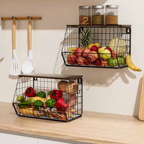 Carastek Cesta de frutas 2PCS Panier Fruit Etage Mural Amovibles & Pliables 30*16.5*20cm avec Crochets Panier a Fruit Mural Couvercle en Bois Empilable pour Rangement de Cuisine, Fruits et Légumes