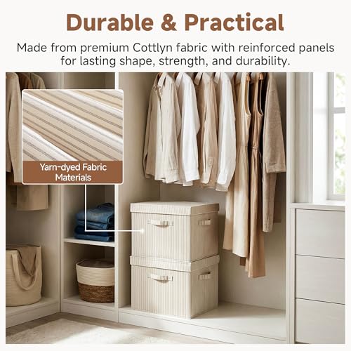 Image of StorageWorks Storage Bins with Lid, Decorative Fabric Storage Bins with Handles, Stackable Closet Organizers for Shelves and Bedroom, Large, Khaki and Beige Stripes, 2-Pack