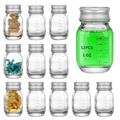 eispap 12 PC Glass medicine bottles 1oz 30 ml Glass Reagent Bottles Transparent Sample Jar Wide Mouth Screw Cap with Scale for Home Argent Lid