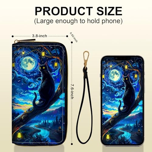 Women's Card Holder Wristlet Wallet, Convenient Travel Long Wallet with Strap and Pink Compact Mirror, Fashion and Sturdy Wristlet Long Purse for Women, Starry Night Cat3