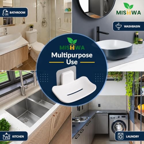 Image of Self-Adhesive Soap Holder for Bathroom (Pack of 2) Wall Mounted No-Drill Soap Stand with Water Drainage | Strong Sticker Plastic Soap Dish for Wash...