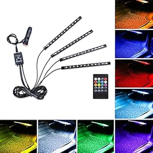 LivTee Car Led Interior Lights，4pcs 48 LED Multicolor Music Car Interior Accessories Under Dash Lighting Waterproof Kit with Sound Active Function and Wireless Remote Control, Car Charger Included