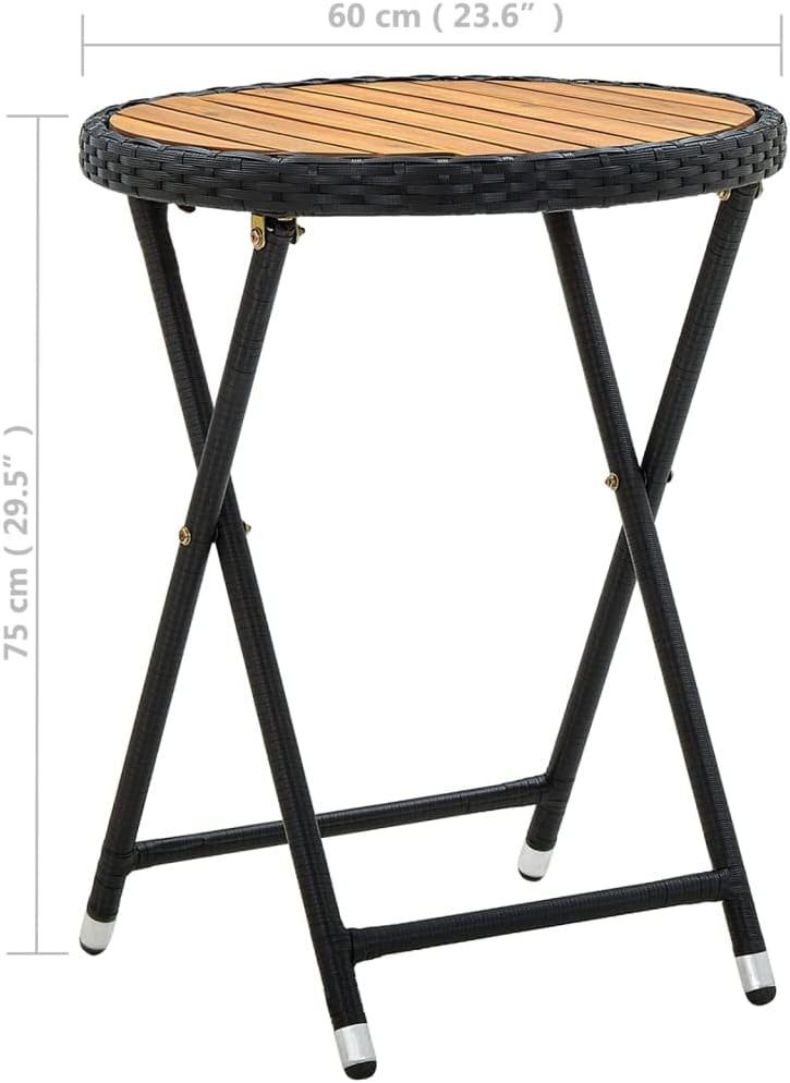 Black PE Rattan Small Foldable Round Tea Table with Acacia Wood Top, Compact Patio Side Table for Outdoor Balcony, Bistro Set Outdoor for One Person Relaxation