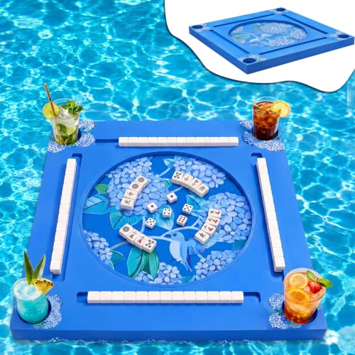 VercanMonth Floating Mahjong Table for Pool, EVA Floating Mahjong Mat with Tile Slots and Drink Holder for Card, Dominoes, Poker, Adult, Summer Beach Water Game, 29.5 x 29.5 Inches(Hydrangea)