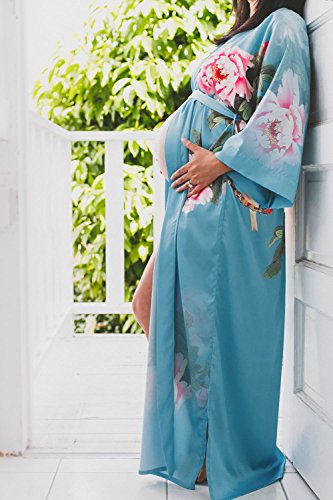 OLDSHANGHAI Women's Charmeuse Kimono Robe Long - Watercolor Floral (Peony & Bird- White) - Thumbnail 7