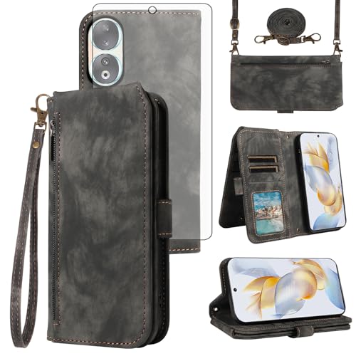 Honor 90 5G étui portefeuille Asuwish avec protection écran verre et bandoulière