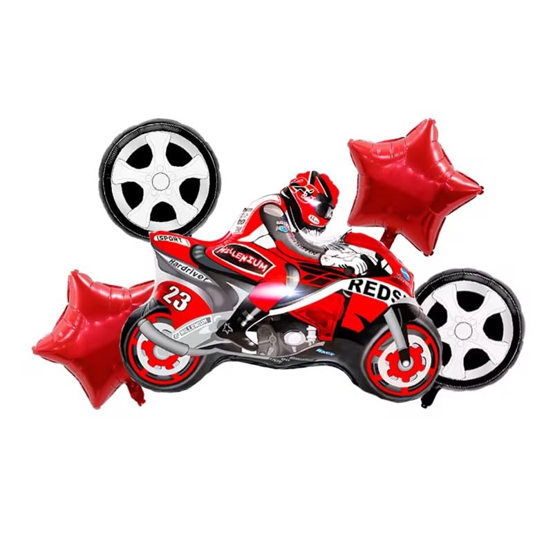 Image of Party Warehouse Racing Car Balloon Set for Birthday-5Pcs Race Theme Foil Balloons for Race Lovers|Tyre & Checkered Flag Balloons for Kids /Adults Party Decorations (Bike set)