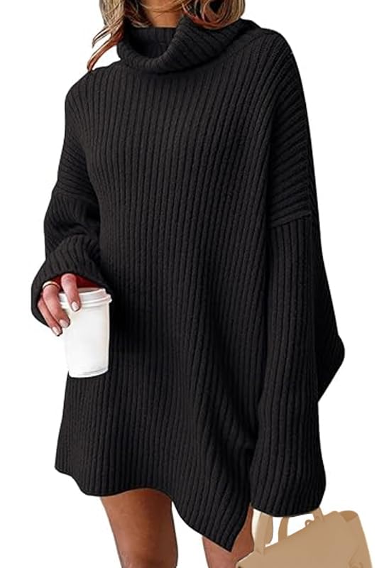 JFAN Vestido de Punto Mujer Invierno Elegantes de Cuello Alto de Manga Negra, Medium