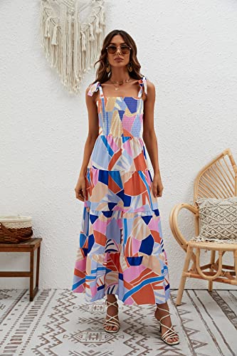 Image of kinstell Women's Summer Boho Spaghetti Strap Square Neck Ruffle Casual Flowy Long Dress Beach Swing Party Maxi Dress