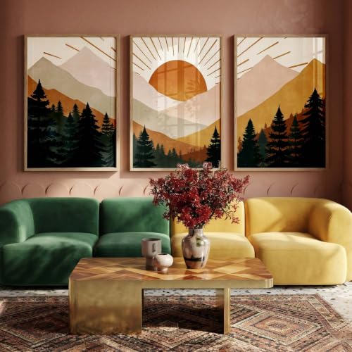 Image of kotart Boho Mountain View Framed Painting | Big Aesthetic Nature Inspired Framed Paintings for Living Room Bedroom Wall Decor Set Of 3 (20x30 Inch)