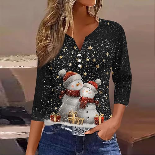 Image of Women Christmas Shirt 3 /4 Length Sleeve Henley Tops Xmas Outfits