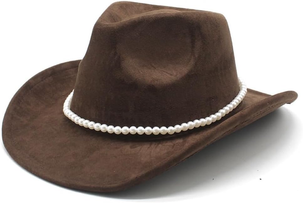 Western Cowboy Hat, Brown Suede, Wide Brim with Pearl Band, Novelty Style for Rodeos and Costume Events