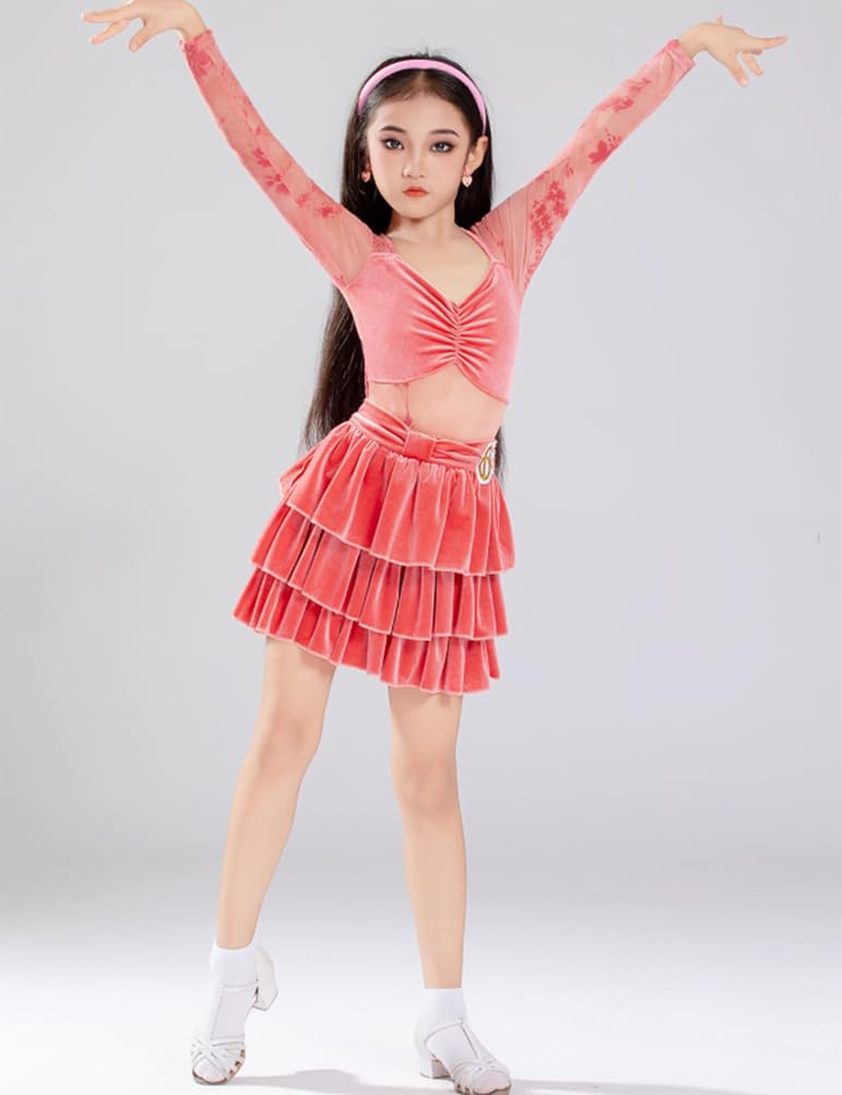 Latein Tanzkleid für Mädchen mit Langen Ärmeln Kinder Trainingsoutfit für Standardtänze Salsa Cha Cha Tango Wettbewerbe Partys und Aufführungen(120cm)