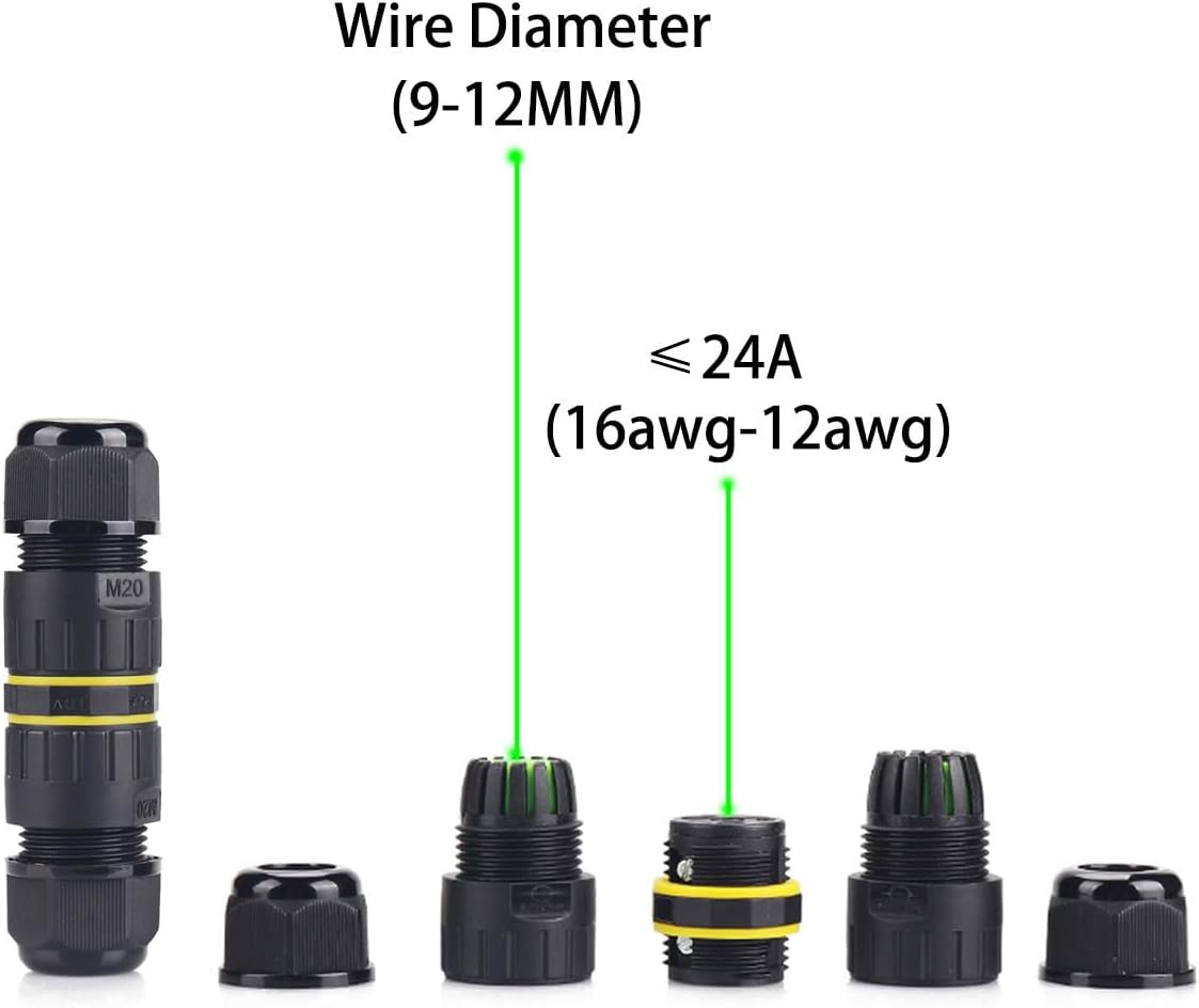 IP68 Waterproof 2 Way 2 Pin Junction Box Electrical Cable Connector,5 Pack 24A 400V M20 Wire Range(9-12mm) Used for Outdoor Rapid Maintenance Expansion and Extension of Cable Connectors