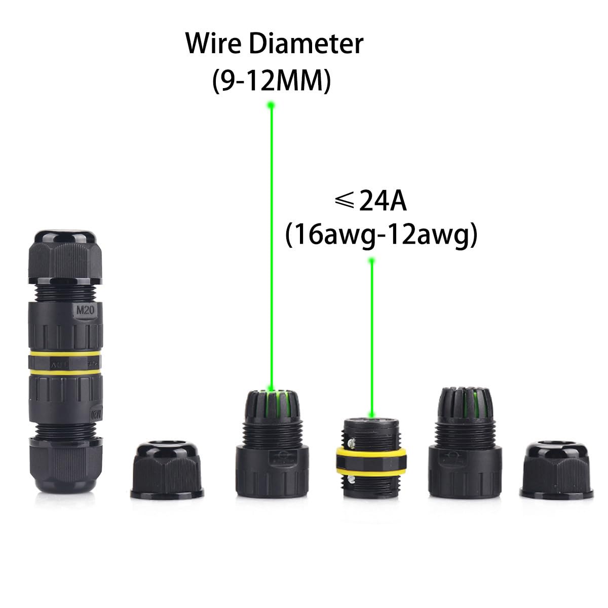 Conector de cable eléctrico IP68 impermeable de 2 vías y 2 pines, paquete de 5 unidades de 24 A, 400 V, rango de cable M20 (9-12 mm) utilizado para expansión de mantenimiento rápido al aire